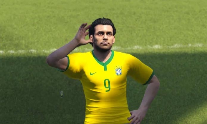 Fred comemora um de seus gols na partida entre Brasil x Alemanha em PES 2015.