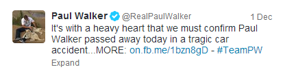 A trágica morte de Paul Walker foi o segundo tweet mais retuitado em 2013.